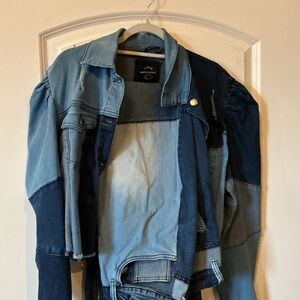 American Rag Patchwork Two-Tone Denim Jacket in Light and Dark Blue